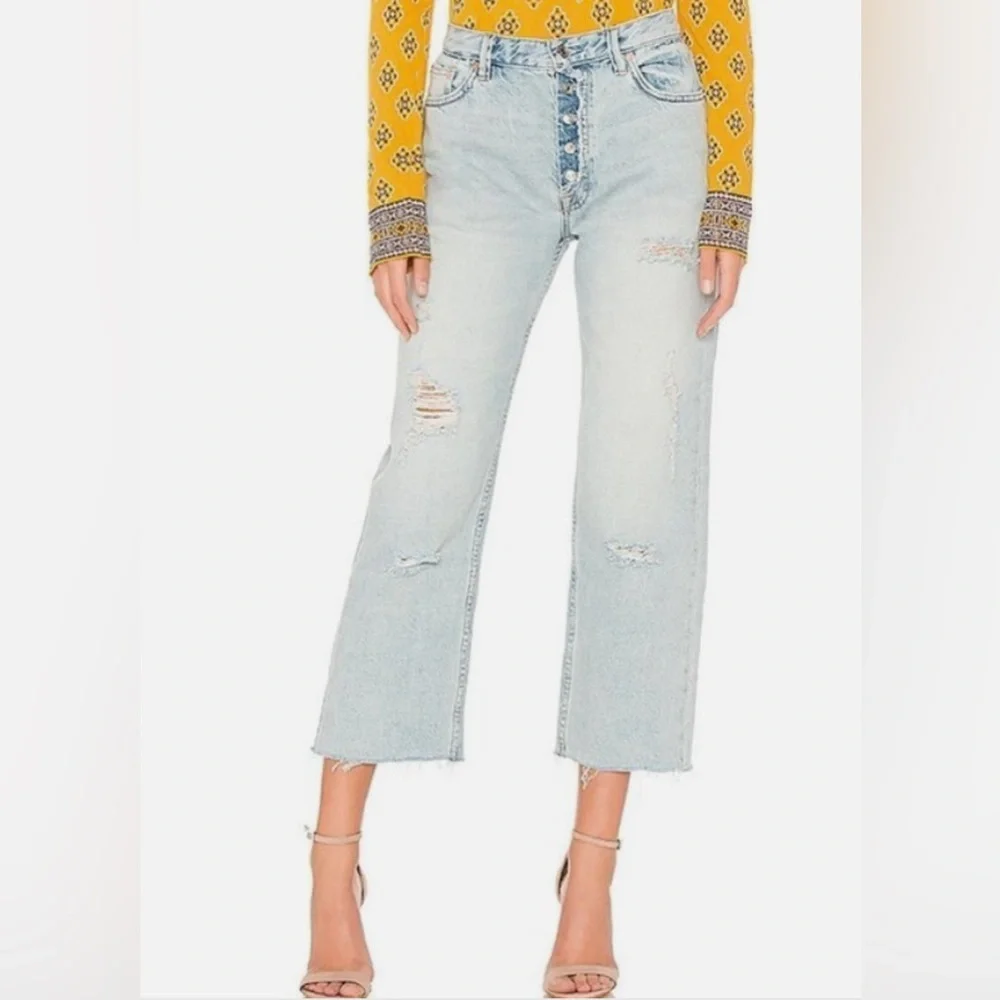 We The Free Rolling on the River Wide Leg Jeans Light Wash Cropped Distressed